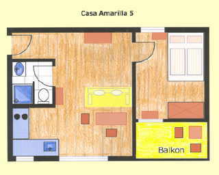 Grundriss der Ferienwohnung 5 mit 1 Schlafzimmer auf der Finca Tropical